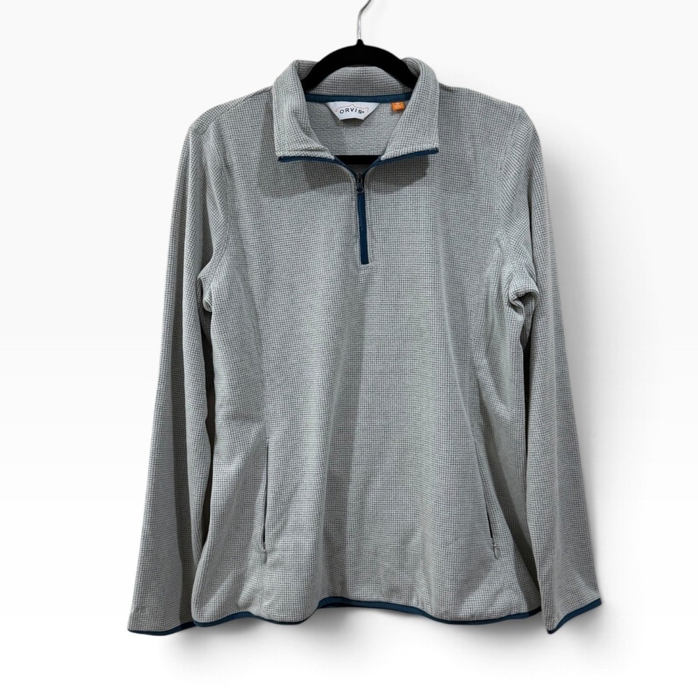 Orvis Mens M Gray Waffle Knit Quarter Zip Pullover Sweater Blue Trim Outdoor